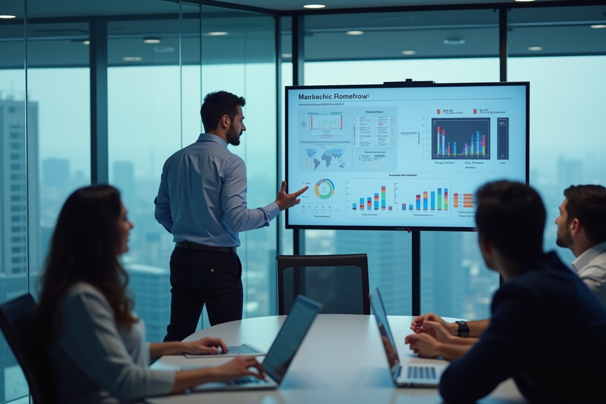 Homme professionnel expliquant un graphique digital en réunion