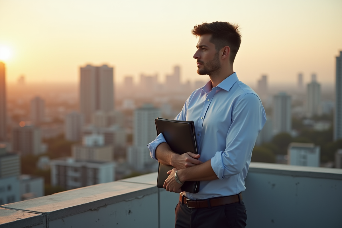 Jeune homme sur un rooftop urbain au lever du soleil