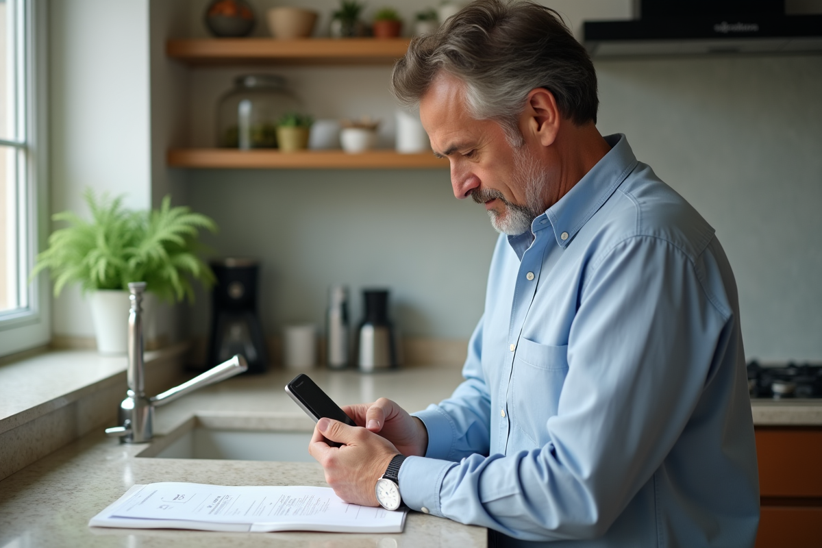 Homme scannant un document dans sa cuisine à la maison