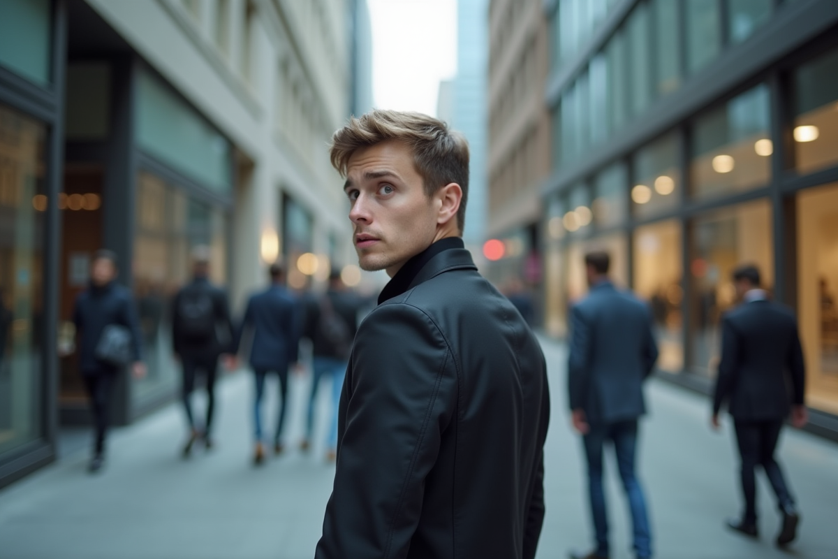 Homme en ville regardant par-dessus son épaule avec suspicion