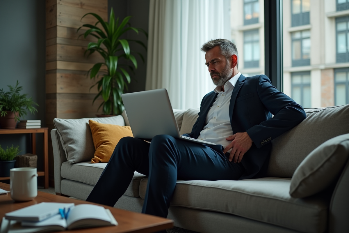 Homme en télétravail assis sur un canapé avec mal de dos