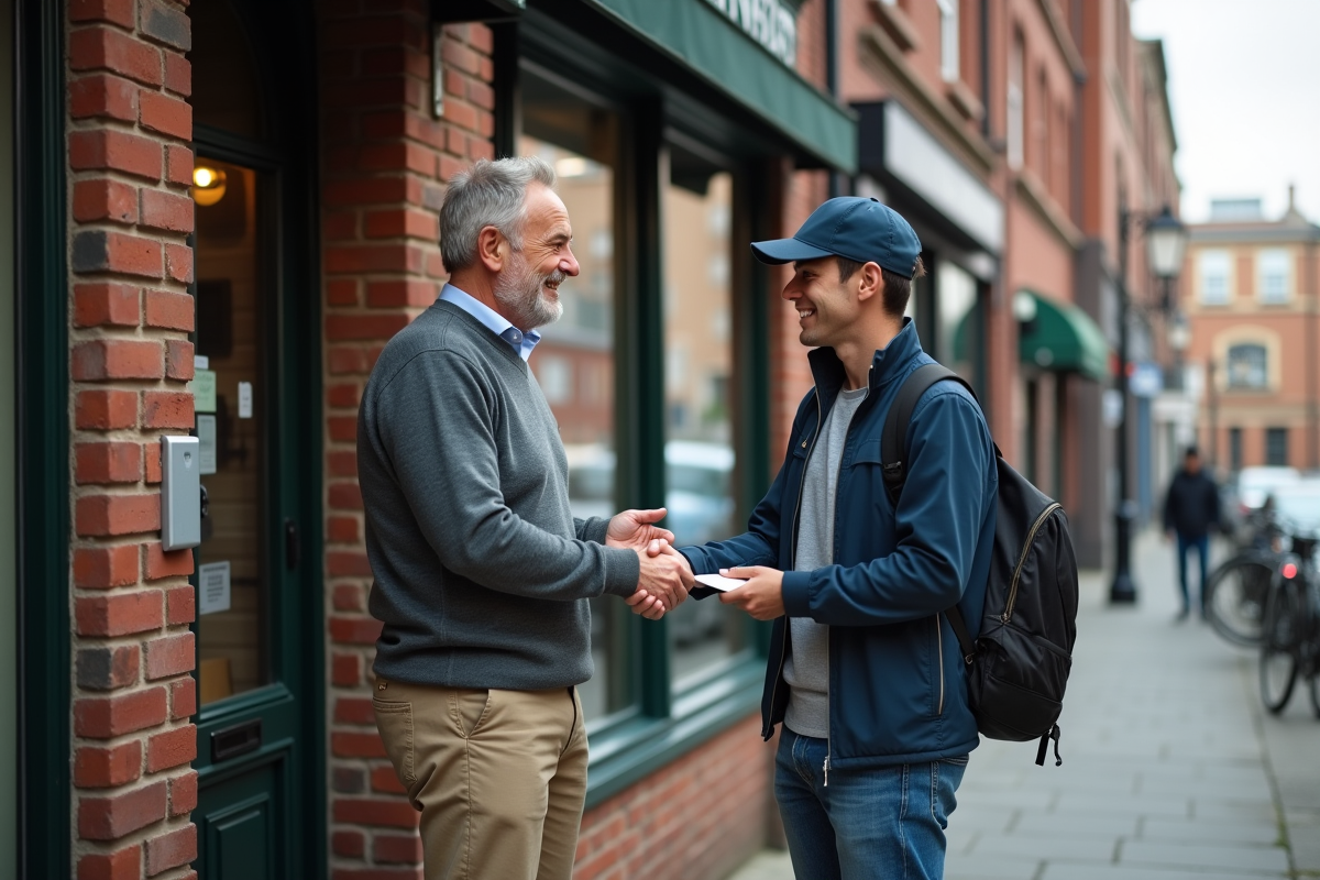 Homme d âge moyen serre la main d un livreur en rue urbaine
