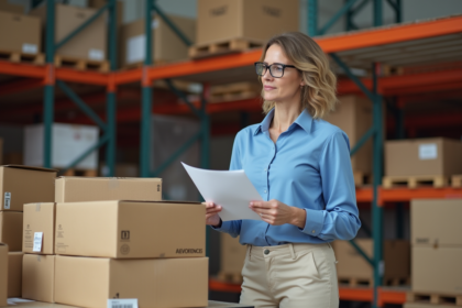 Femme inspectant des emballages dans un entrepôt moderne