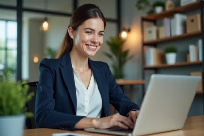 Jeune femme professionnelle en bureau moderne souriante