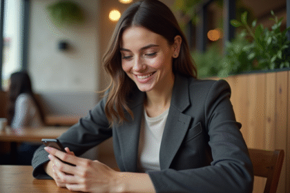 Jeune femme au café utilisant son smartphone pour travailler