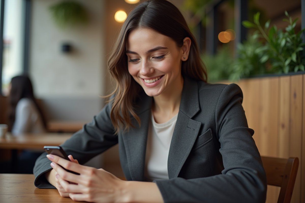 Jeune femme au café utilisant son smartphone pour travailler