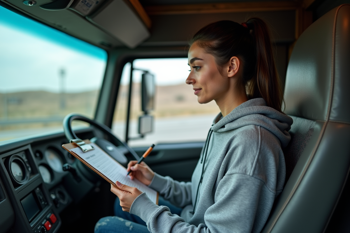 Jeune femme conductrice de camion en train de remplir un papier