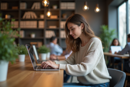 Jeune femme travaillant sur un ordinateur portable dans un espace coworking