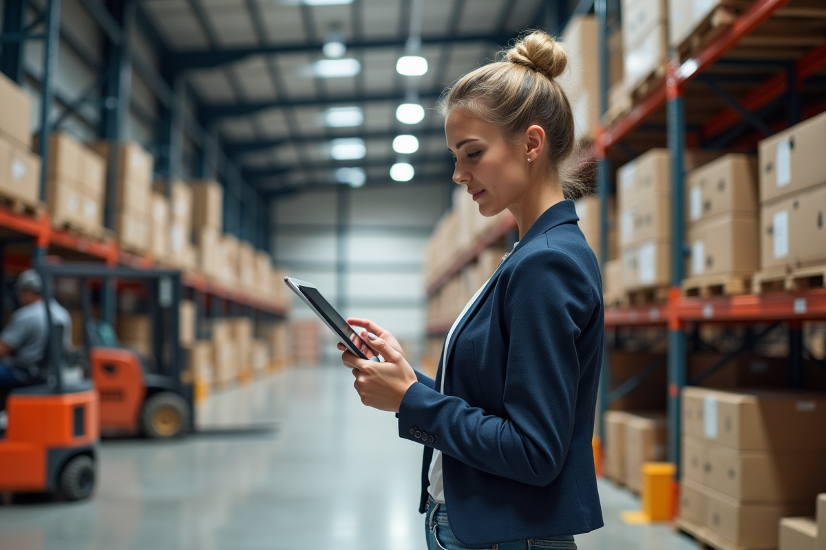 Jeune entrepreneure vérifiant logistique dans un entrepôt