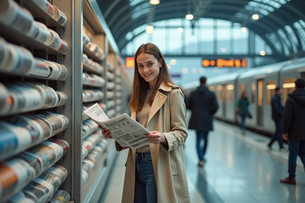 Jeune femme choisissant un journal dans un kiosque