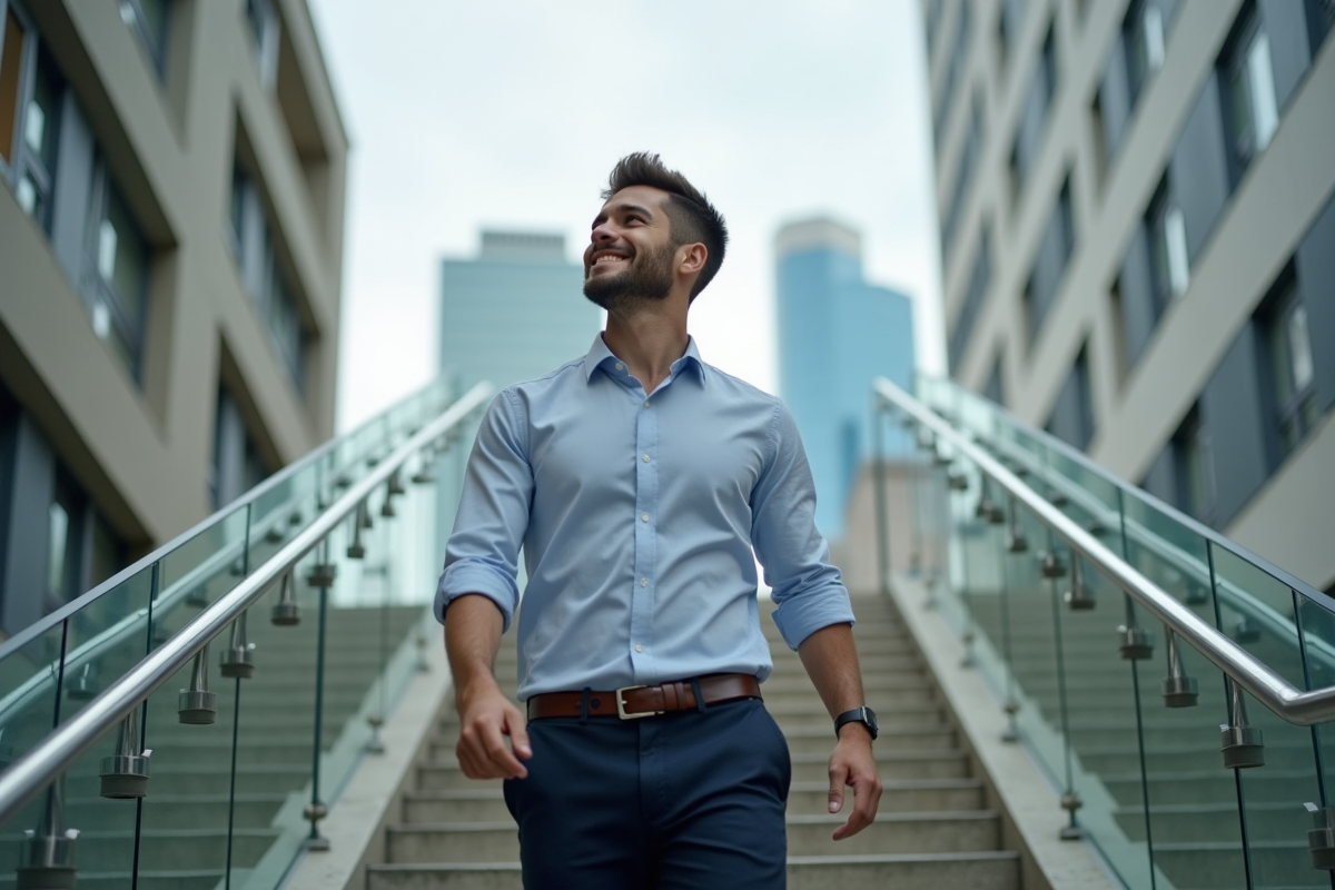 Jeune homme en chemise retroussée montant les escaliers