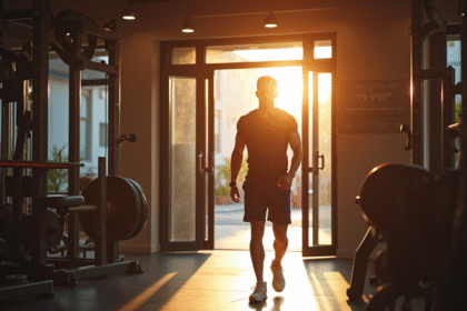 Jeune homme confiant ouvre la porte d'une salle de gym moderne