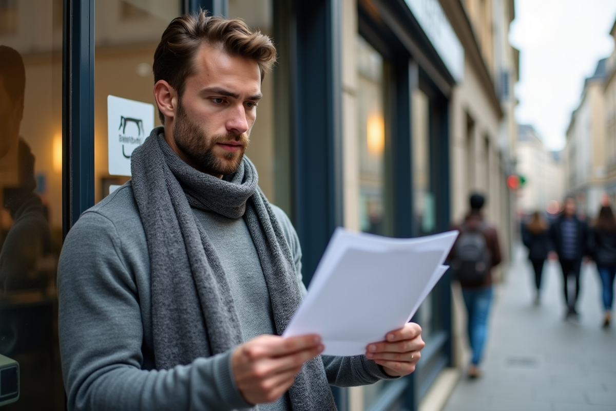 Jeune homme regardant des papiers devant une agence d