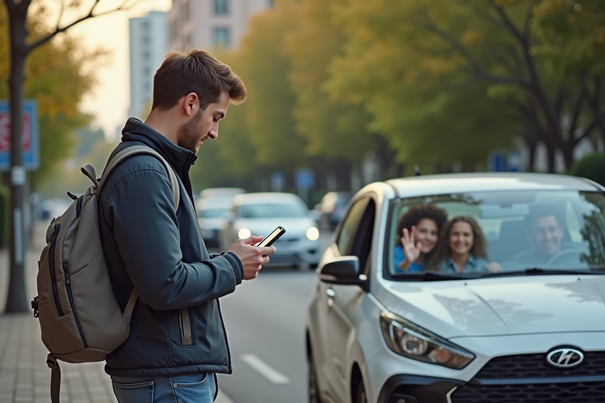 Jeune homme vérifiant son téléphone à côté de la voiture