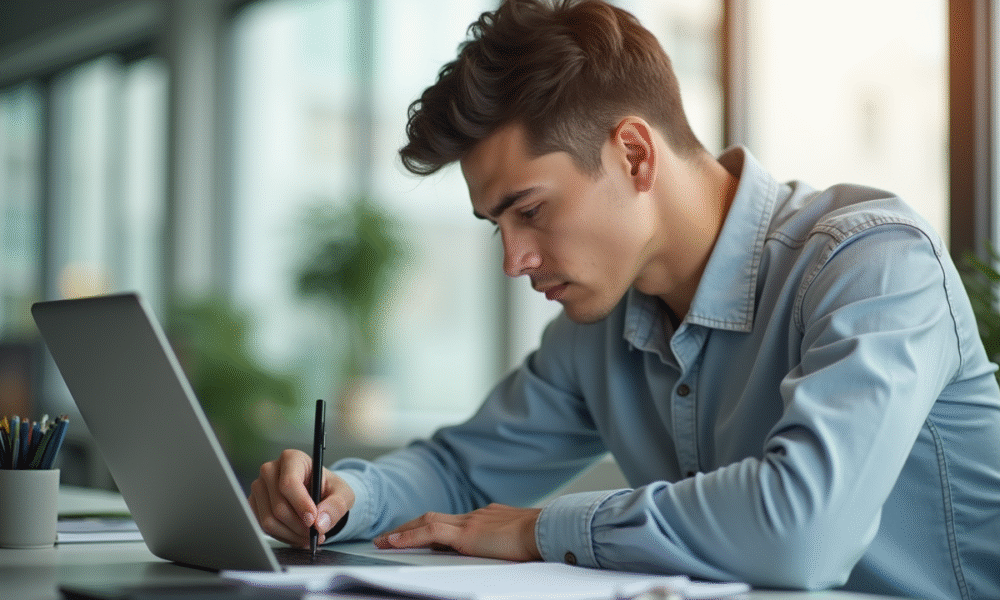 Jeune professionnel étudiant dans un bureau lumineux et moderne