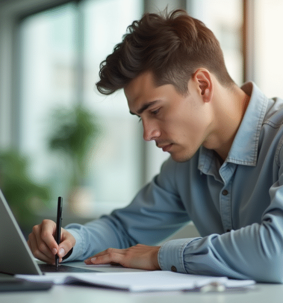 Jeune professionnel étudiant dans un bureau lumineux et moderne