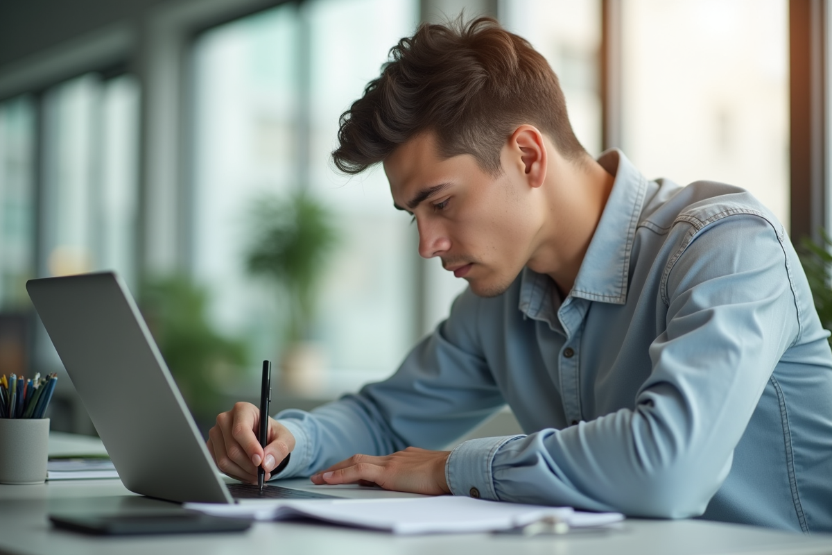 Jeune professionnel étudiant dans un bureau lumineux et moderne