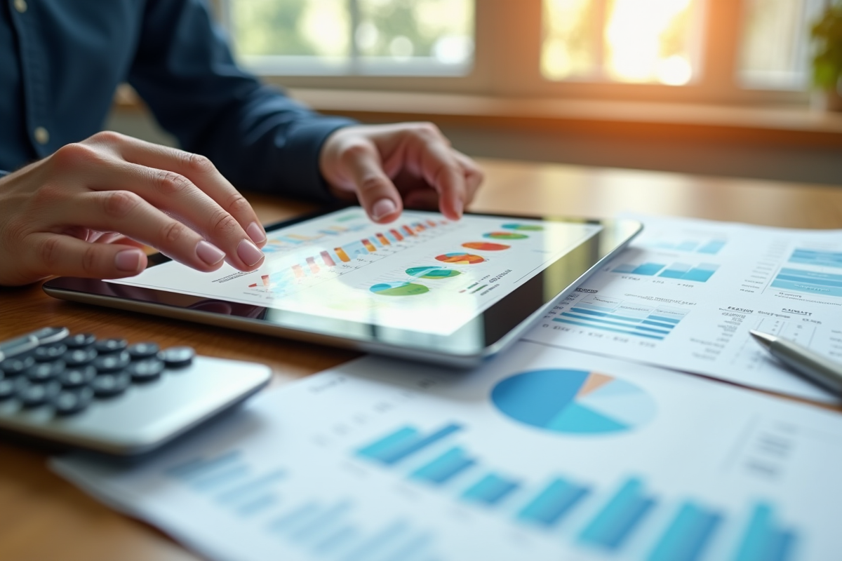 Mains utilisant une tablette avec graphiques financiers colorés