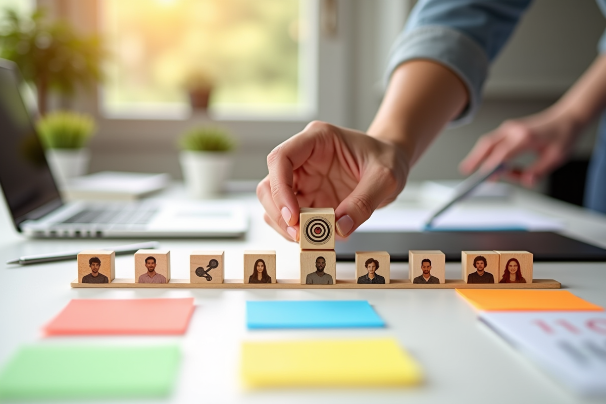 Main arrangeant des blocs cibles et avatars clients sur un bureau lumineux