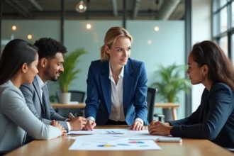 Manager femme en réunion avec équipe dans un bureau moderne
