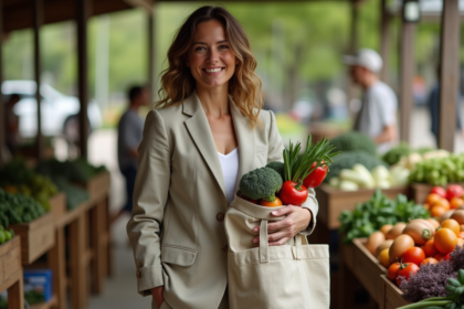 Femme avec sac de légumes au marché bio en plein air