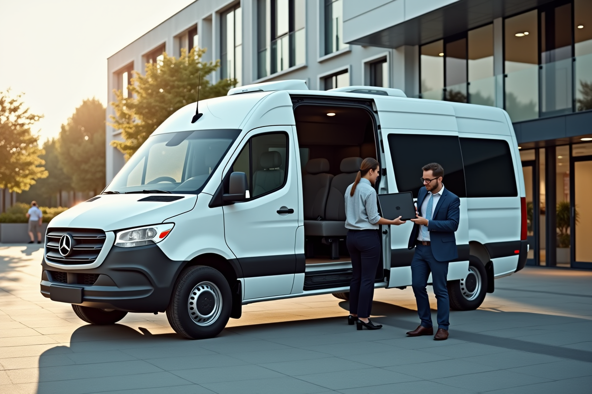 Minibus moderne 9 places devant un bâtiment de bureau