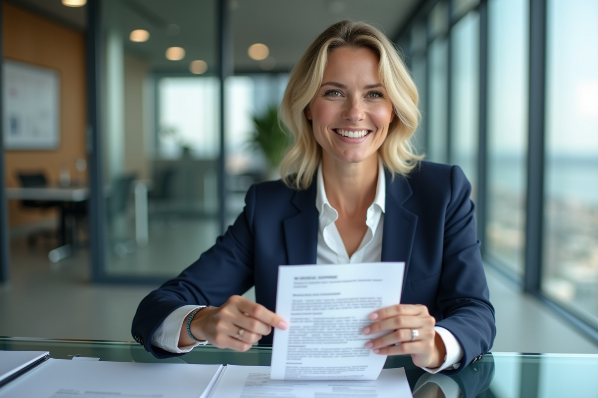 Femme d'affaires souriante avec lettre d'offre dans un bureau moderne
