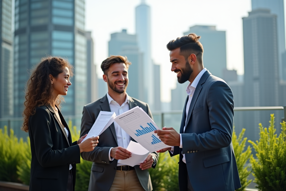 Jeunes professionnels discutant sur un rooftop urbain