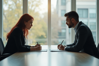 Deux professionnels signant des documents importants dans un bureau lumineux