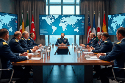 Réunion militaire internationale avec des généraux et écrans futuristes