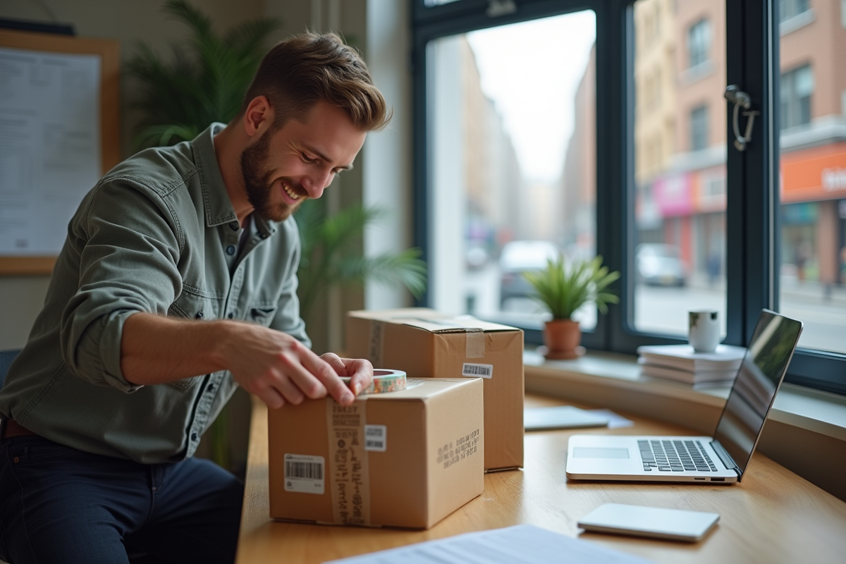 Jeune homme scellant un colis avec du ruban personnalisé