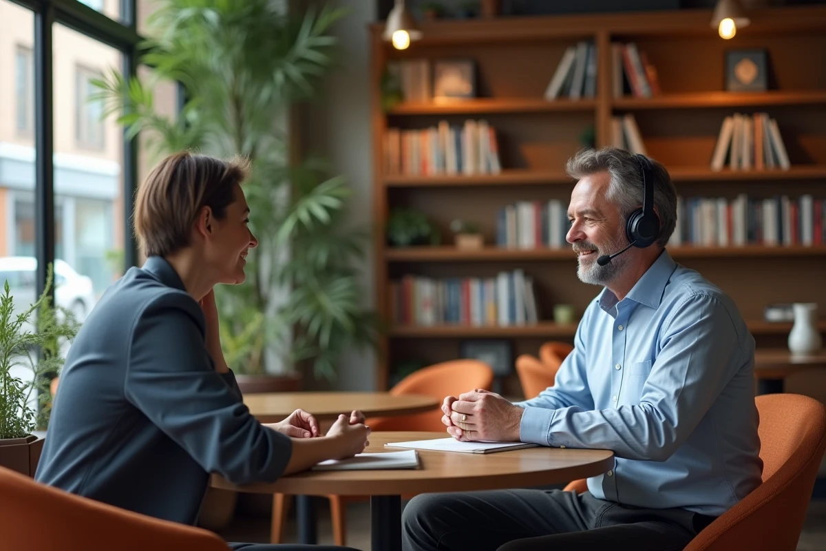 Agent support souriant discute avec une cliente dans un lounge