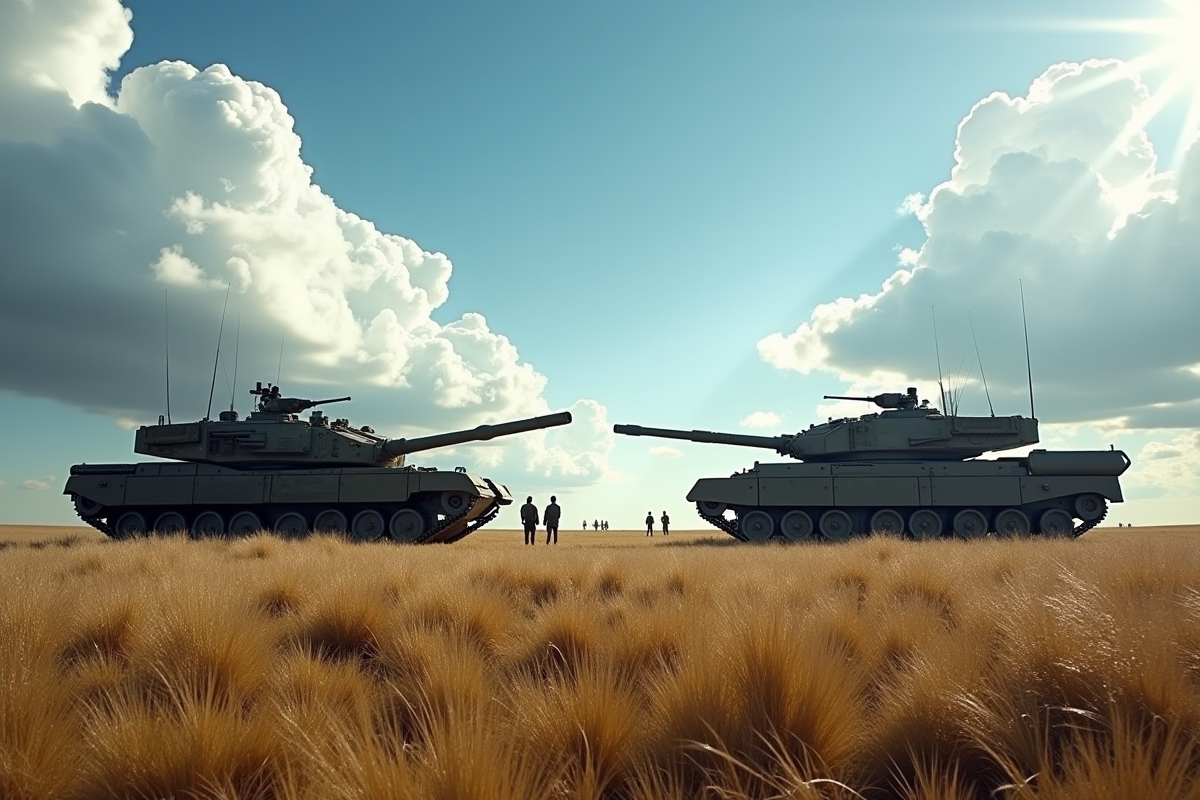 Deux tanks modernes face à face dans un champ ensoleille