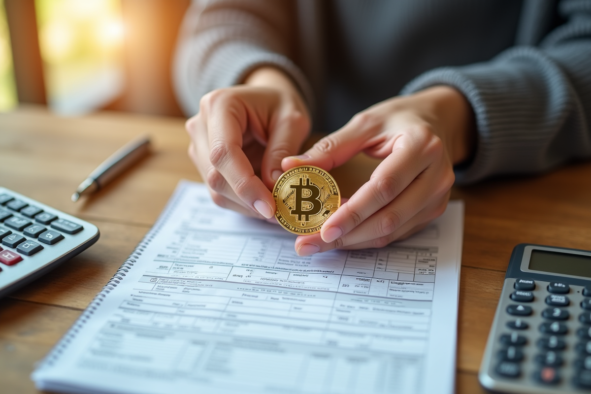 Mains tenant formulaire fiscal et bitcoin sur table en matinée