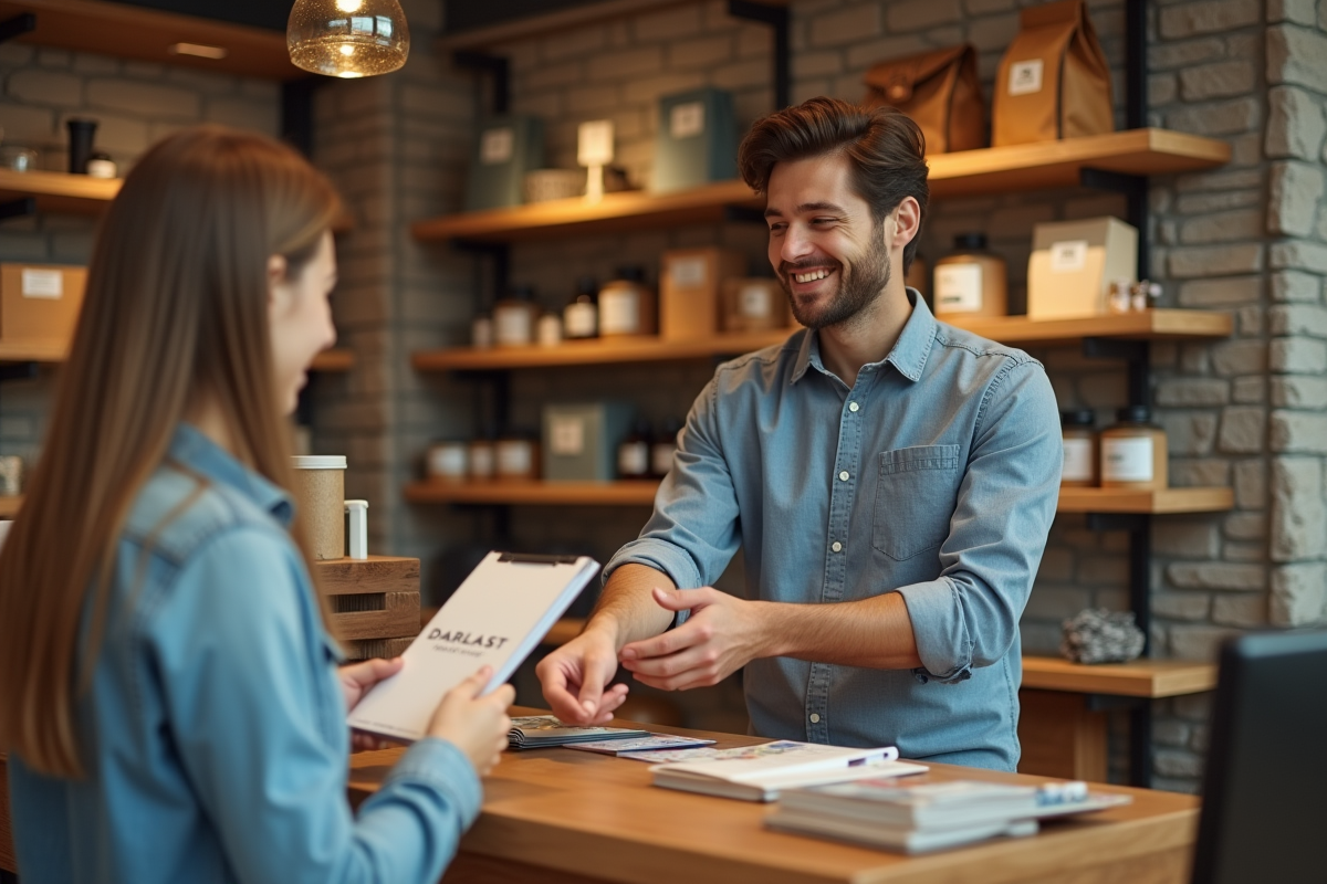 Jeune commerçant distribuant une brochure à un client souriant